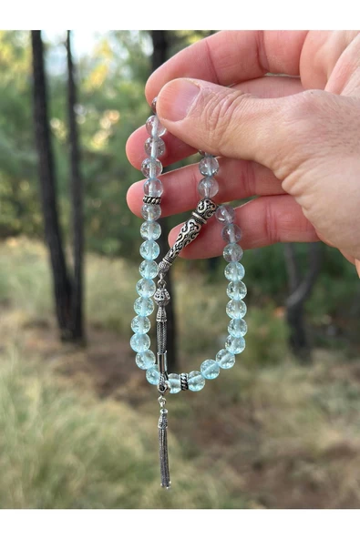 Gökçeada 8 mm Mavi Topaz Doğaltaş Gümüşlü Tesbih - 5