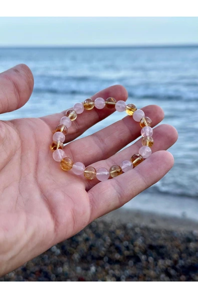 Gökçeada 8 Mm Sitrin - Madagaskar Pembe Kuvars Taşı Erkek Kadın Doğal Taş Bileklik - 3