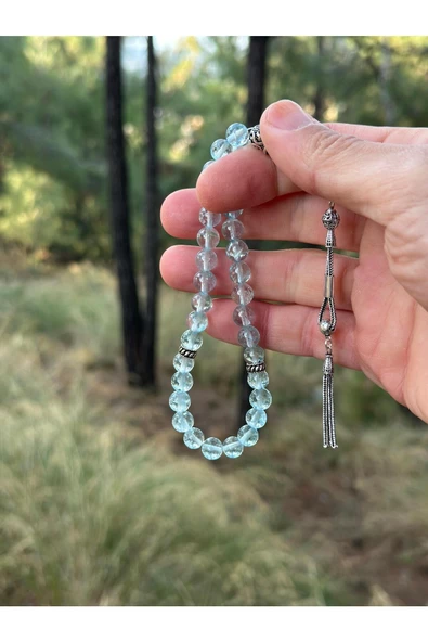 Gökçeada 8 mm Mavi Topaz Doğaltaş Gümüşlü Tesbih - 4