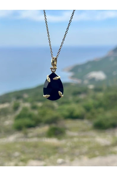 Gökçeada Doğaltaş Medusa Oniks Taşı Kolye Kararmaz Zincirsiz