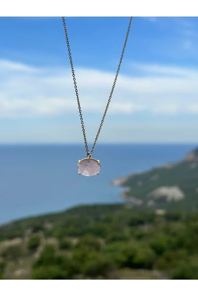 Gökçeada Doğaltaş Oval Pembe Kuvars Taşı Kolye Kararmaz Zincirsiz