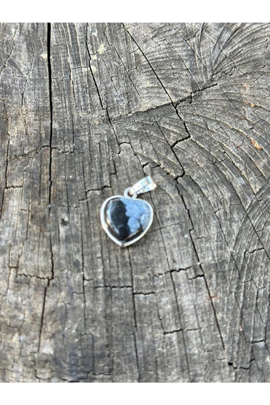 Gökçeada Kalp Karlı Obsidyen Taşı Kolye Ucu Zincirli Kararmaz - 4