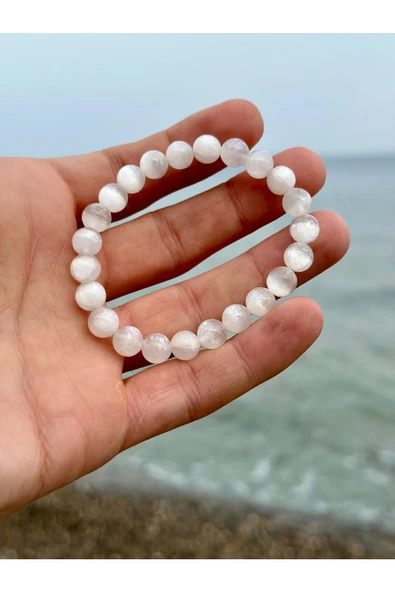 Gökçeada 8 Mm Selenit Taşı Erkek Kadın Doğal Taş Bileklik A Kalite - 7