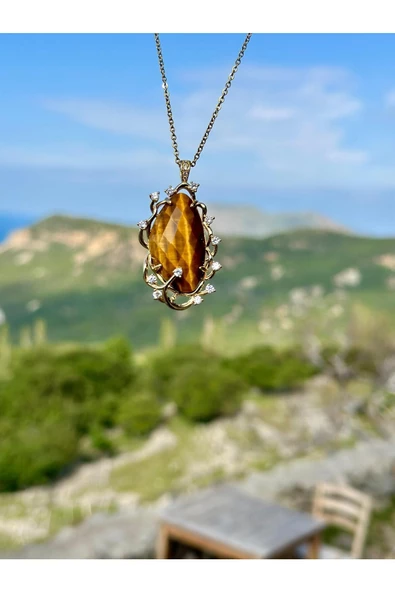 Gökçeada Doğaltaş Otantik Kaplangözü Taşı Kolye Kararmaz Zincirsiz