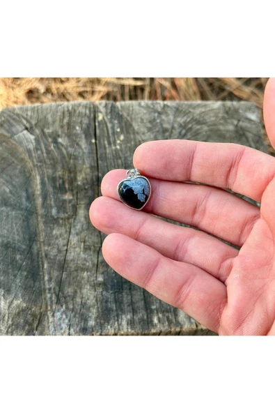 Gökçeada Kalp Karlı Obsidyen Taşı Kolye Ucu Zincirli Kararmaz - 3