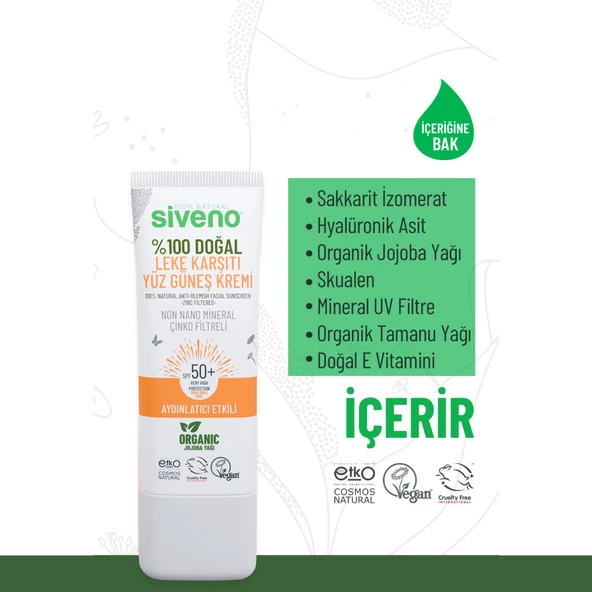 Siveno %100 Doğal Yüz Güneş Kremi Leke Karşıtı Aydınlatıcı Mineral Filtre UVA UVB SPF 50+ 30 ml - 4
