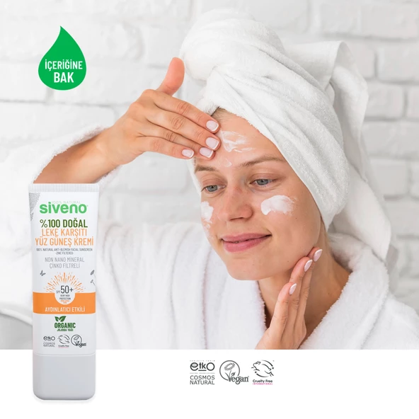 Siveno %100 Doğal Yüz Güneş Kremi Leke Karşıtı Aydınlatıcı Mineral Filtre UVA UVB SPF 50+ 30 ml - 6