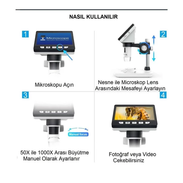 Alfalink LCD Dijital Ekranlı Mikroskop 50x -1000x Büyütme Usb HD 1080P 4.3inç - 3