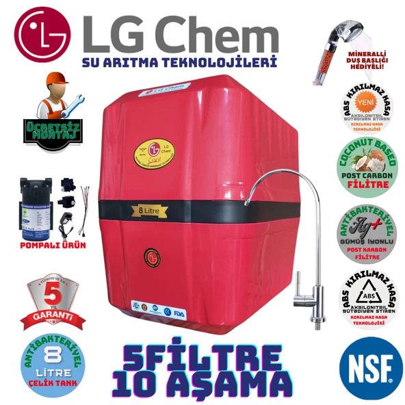 LG Chem COOL KIRMIZI SİYAH POMPALI MONTAJ DAHİL 8 LİTRE 5 FİLTRE 10 AŞAMA SU ARITMA CİHAZI