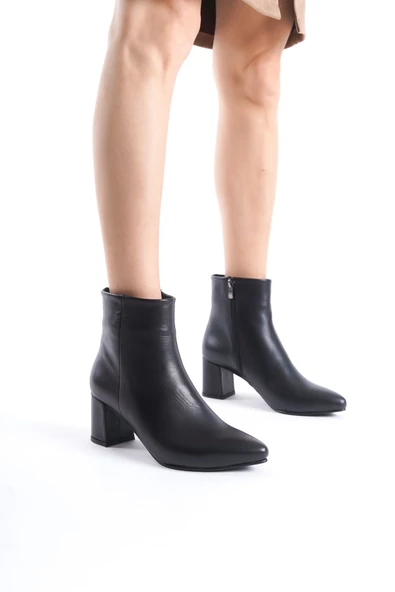 Aylan Hakiki Deri Siyah Kalın Topuklu Sivri Burun Bot - 3