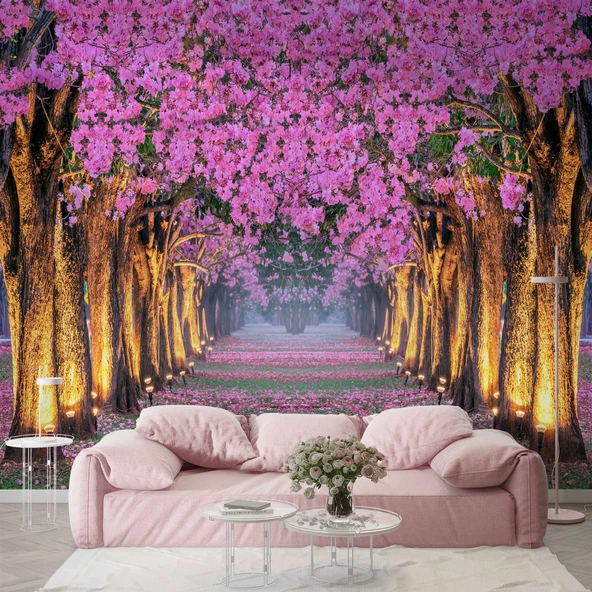 Pembe Çiçekli Ağaç Manzaralı Duvar Kağıdı