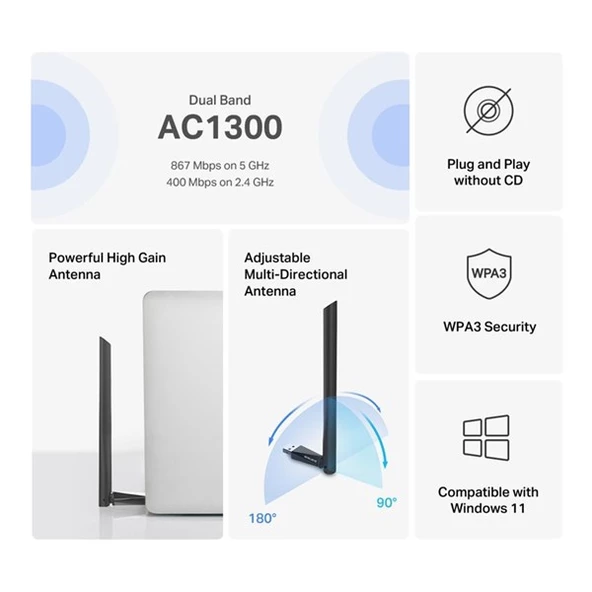 MERCUSYS MA30H AC1300 Yüksek Kazançlı Kablosuz Çift Bant USB Adaptörü - 3