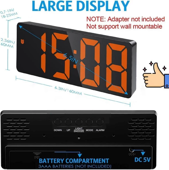 Alfalink Turuncu LED Dijital Masa Saati Termometre Alarm Takvimli - 2