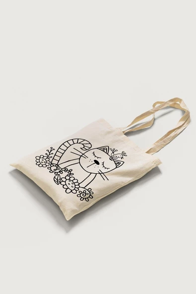 RED CASTLE Kedicik Çanta Boyama 5 Adet Omuzdan Askılı Tek Taraf Baskılı Ham Bez 35cmx40cm-Red Castle BOYA-01 - 2