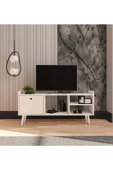 VM VERTEX MOBİLYA Leo Tv Ünitesi Beyaz Televizyon Konsolu 140 Cm Ekonomik Modül Sehpa - 2