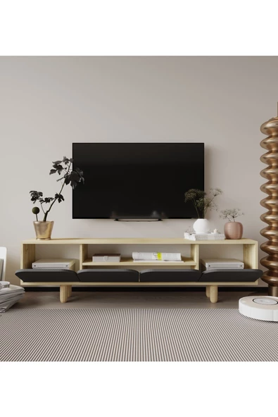 VM VERTEX MOBİLYA Lazio Bohem Ahşap Ayaklı Tv Ünitesi Tv Sehpası Safir Meşe-Antrasit - 3