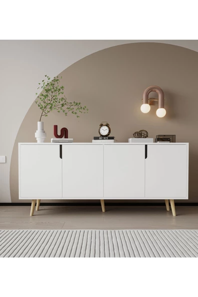 VM VERTEX MOBİLYA Latina Ahşap Ayaklı Modern Konsol 180 Cm Beyaz