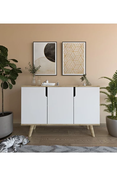 VM VERTEX MOBİLYA Verona 120 Cm Konsol, Kahve Köşesi, Tv Ünitesi, Çok Amaçlı Ahşap Ayaklı Konsol Safir Meşe-beyaz