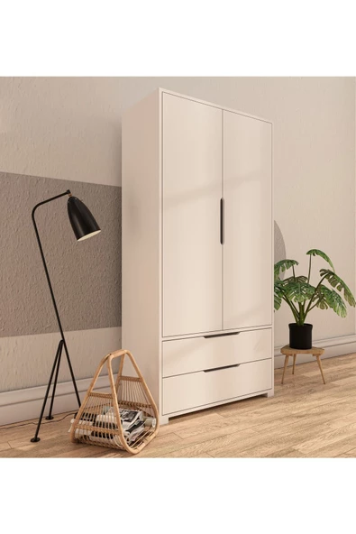 VM VERTEX MOBİLYA Flora 2 Kapaklı 2 Çekmeceli Gardırop Beyaz Elbise Dolabı - 2