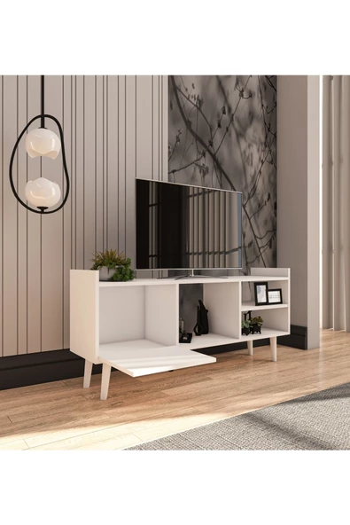 VM VERTEX MOBİLYA Leo Tv Ünitesi Beyaz Televizyon Konsolu 140 Cm Ekonomik Modül Sehpa - 3