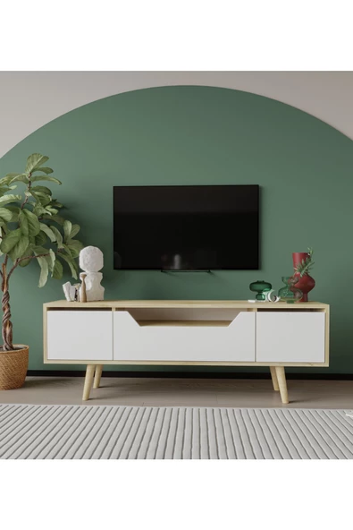 VM VERTEX MOBİLYA Roma Ahşap Ayaklı Tv Ünitesi Tv Sehpası Safir Meşe-Beyaz 150 Cm