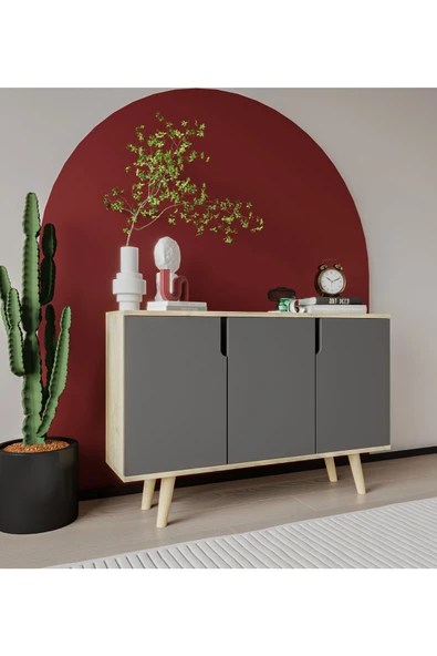 VM VERTEX MOBİLYA Verona 120 Cm Konsol, Kahve Köşesi, Tv Ünitesi, Çok Amaçlı Ahşap Ayaklı Konsol Safir Meşe-Antrasit - 2