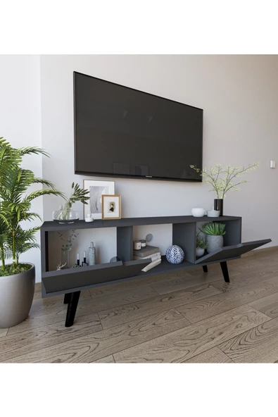 VM VERTEX MOBİLYA Siena Ahşap Ayaklı Tv Ünitesi Antrasit Televizyon Konsolu 140 Cm Ekonomik Modül Sehpa - 2