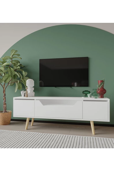 VM VERTEX MOBİLYA Roma Ahşap Ayaklı Tv Ünitesi Tv Sehpası Beyaz 150 Cm - 2