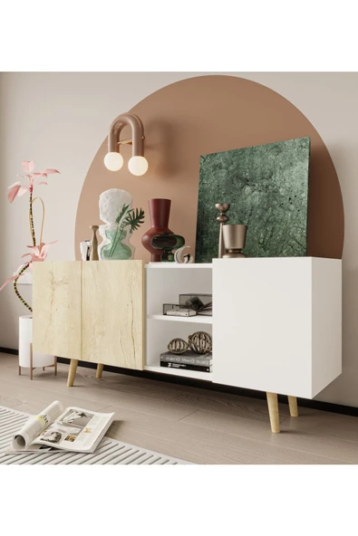 VM VERTEX MOBİLYA Milano Ahşap Ayaklı Modern Konsol 160 Cm Safir Meşe - Beyaz - 2