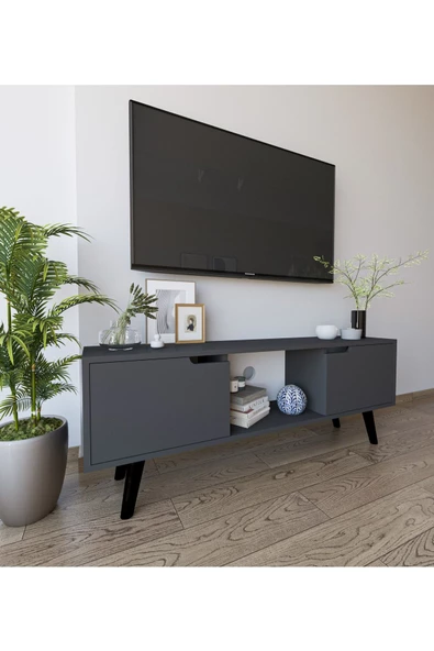 VM VERTEX MOBİLYA Siena Ahşap Ayaklı Tv Ünitesi Antrasit Televizyon Konsolu 140 Cm Ekonomik Modül Sehpa