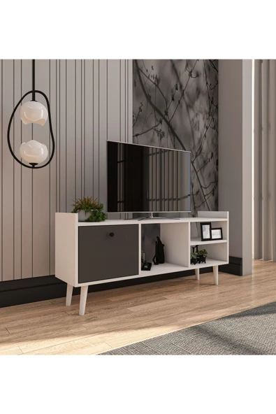 VM VERTEX MOBİLYA Leo Tv Ünitesi Beyaz-antrasit Televizyon Konsolu 140 Cm Ekonomik Modül Sehpa