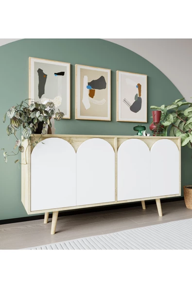 VM VERTEX MOBİLYA Venezia Ahşap Ayaklı Bohem Konsol Safir Meşe Gövde -Beyaz Kapak 150 Cm - 2