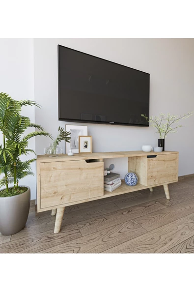 VM VERTEX MOBİLYA Siena Ahşap Ayaklı Tv Ünitesi Safir Meşe Televizyon Konsolu 140 Cm Ekonomik Modül Sehpa