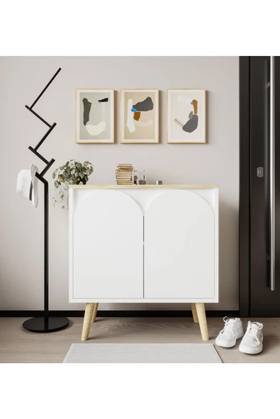 VM VERTEX MOBİLYA Venezia Ahşap Ayaklı Bohem Konsol-çok Amaçlı Dolap-vitrin Safir Meşe-beyaz 76 Cm - 4