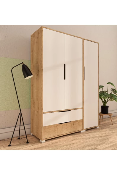 VM VERTEX MOBİLYA Flora 3 Kapaklı 2 Çekmeceli Gardırop Safir Meşe - Beyaz Elbise Dolabı - 2