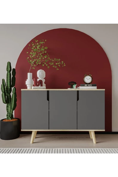 VM VERTEX MOBİLYA Verona 120 Cm Konsol, Kahve Köşesi, Tv Ünitesi, Çok Amaçlı Ahşap Ayaklı Konsol Safir Meşe-Antrasit