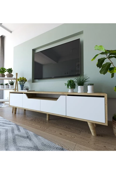 VM VERTEX MOBİLYA Roma Ahşap Ayaklı Tv Ünitesi Tv Sehpası Safir Meşe - Beyaz - 2
