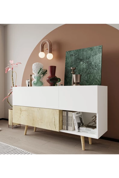 VM VERTEX MOBİLYA Bolonya Ahşap Ayaklı Modern Konsol 150 Cm Safir Meşe-Beyaz - 2