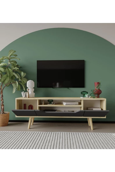 VM VERTEX MOBİLYA Roma Ahşap Ayaklı Tv Ünitesi Tv Sehpası Safir Meşe - Antrasit 150 Cm - 3