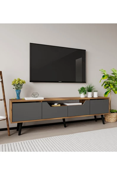 VM VERTEX MOBİLYA Roma Ahşap Ayaklı Tv Ünitesi Tv Sehpası Ceviz-Antrasit - 2