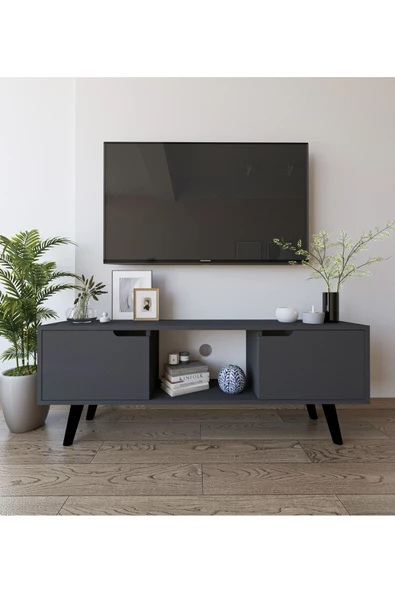 VM VERTEX MOBİLYA Siena Ahşap Ayaklı Tv Ünitesi Antrasit Televizyon Konsolu 140 Cm Ekonomik Modül Sehpa - 3