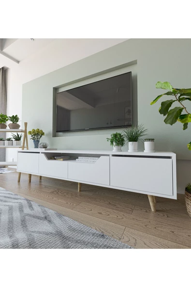 VM VERTEX MOBİLYA Roma Ahşap Ayaklı Tv Ünitesi Tv Sehpası Beyaz - 2