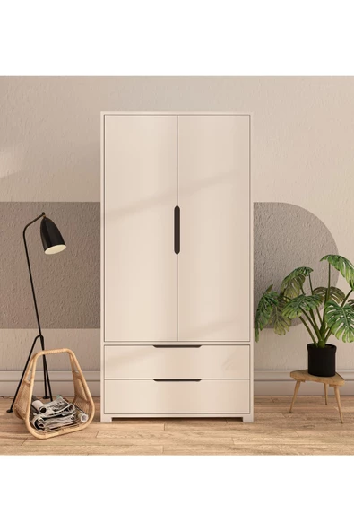VM VERTEX MOBİLYA Flora 2 Kapaklı 2 Çekmeceli Gardırop Beyaz Elbise Dolabı