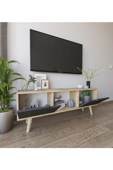 VM VERTEX MOBİLYA Siena Ahşap Ayaklı Tv Ünitesi Safir Meşe-antrasit Televizyon Konsolu 140 Cm Ekonomik Modül Sehpa - 2