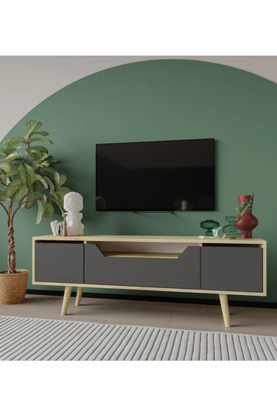 VM VERTEX MOBİLYA Roma Ahşap Ayaklı Tv Ünitesi Tv Sehpası Safir Meşe - Antrasit 150 Cm - 2