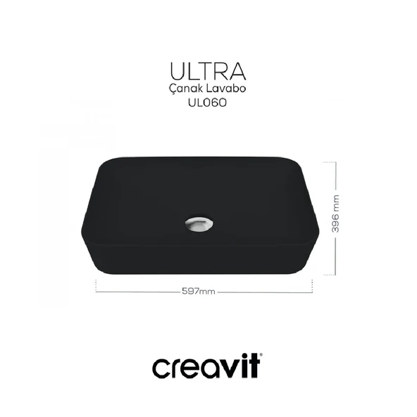 CREAVİT UL060 Ultra Tezgah Üstü 40X60 cm Mat Siyah Lavabo - 5