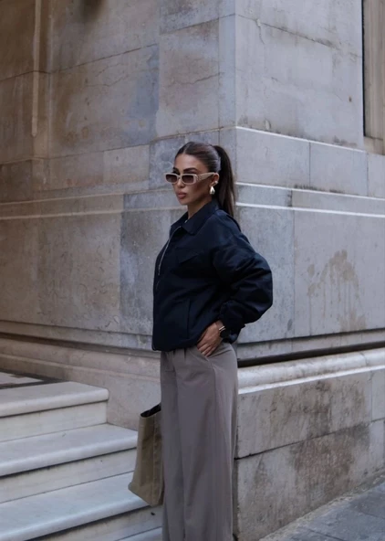 Fermuarlı Gömlek Yaka Bomber Ceket - Siyah - 3