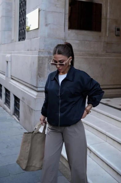 Fermuarlı Gömlek Yaka Bomber Ceket - Siyah - 4