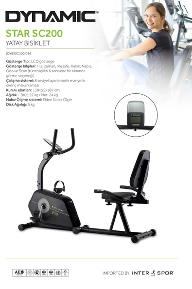 Dynamic Star Collection SC200 Manyetik Yatay Kondisyon Bisikleti, Sessiz Çalışır, Elden Nabız Ölçer - 8