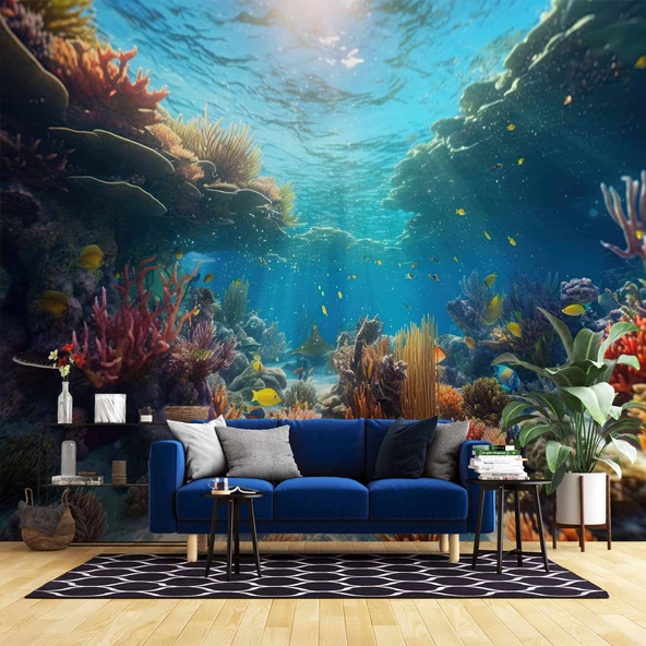 Japon Balıkları ve Mercan Manzaralı Duvar Kağıdı ürün görseli